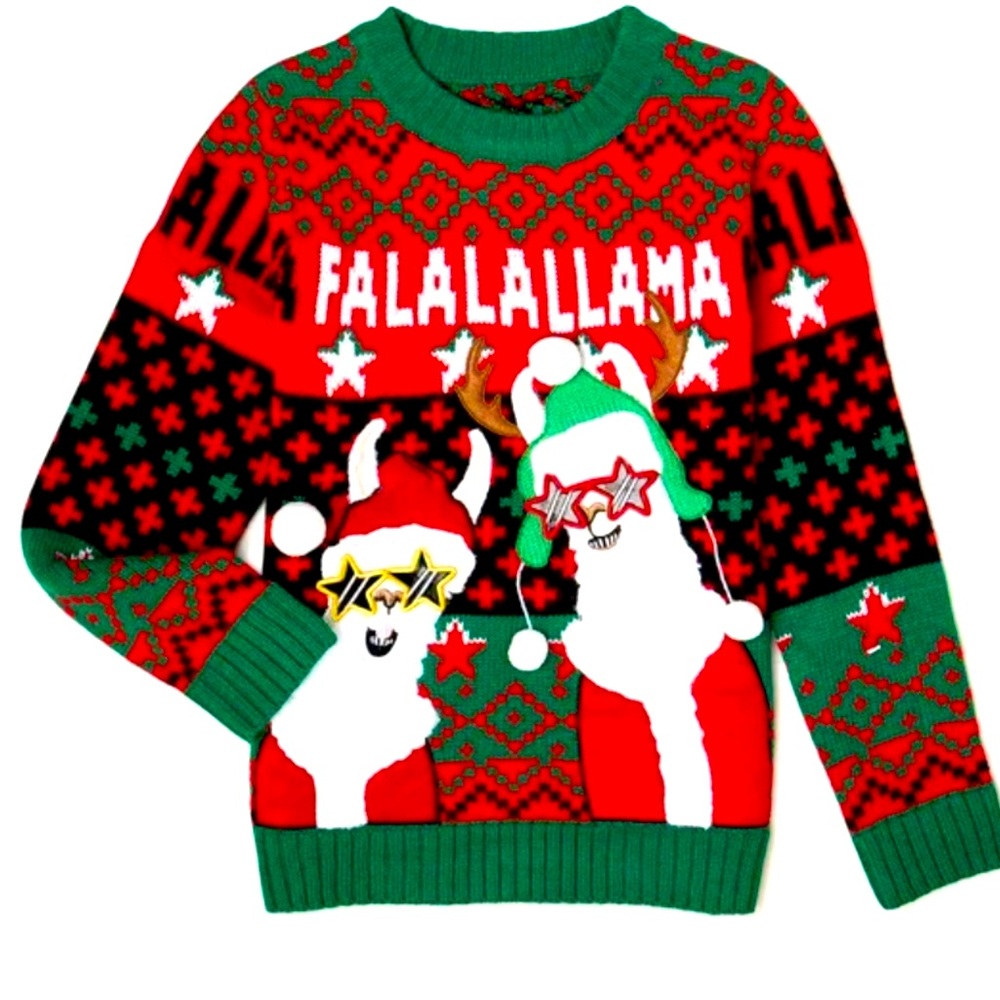 HOLIDAY TIME FUNNY LLAMA FRIENDS KNIT CHRISY SWEATER SIZE 14-16